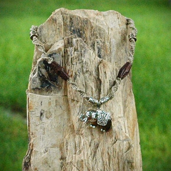 Cats Eye Silver Toned Elephant on a Handmade Tan 17 3/4" Hemp Necklace - Picture 2 of 3